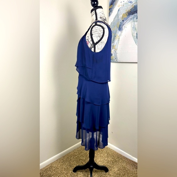 S.L. Fashions Stunning Navy Layered Midi Dress Beaded Neckline Stylish Size 6 - Picture 4 of 10